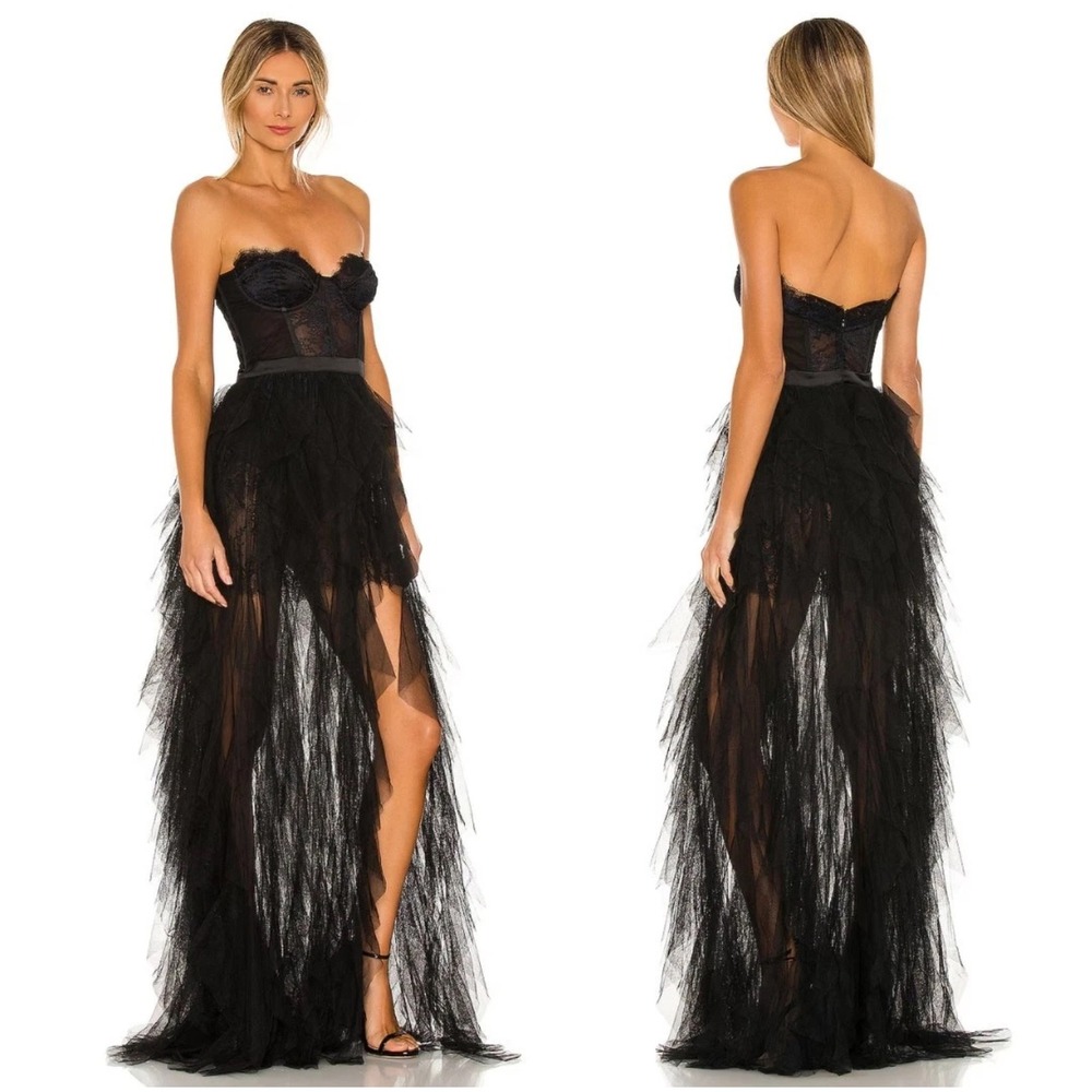 For Love And Lemons Black Strapless High-Low Tulle Gown